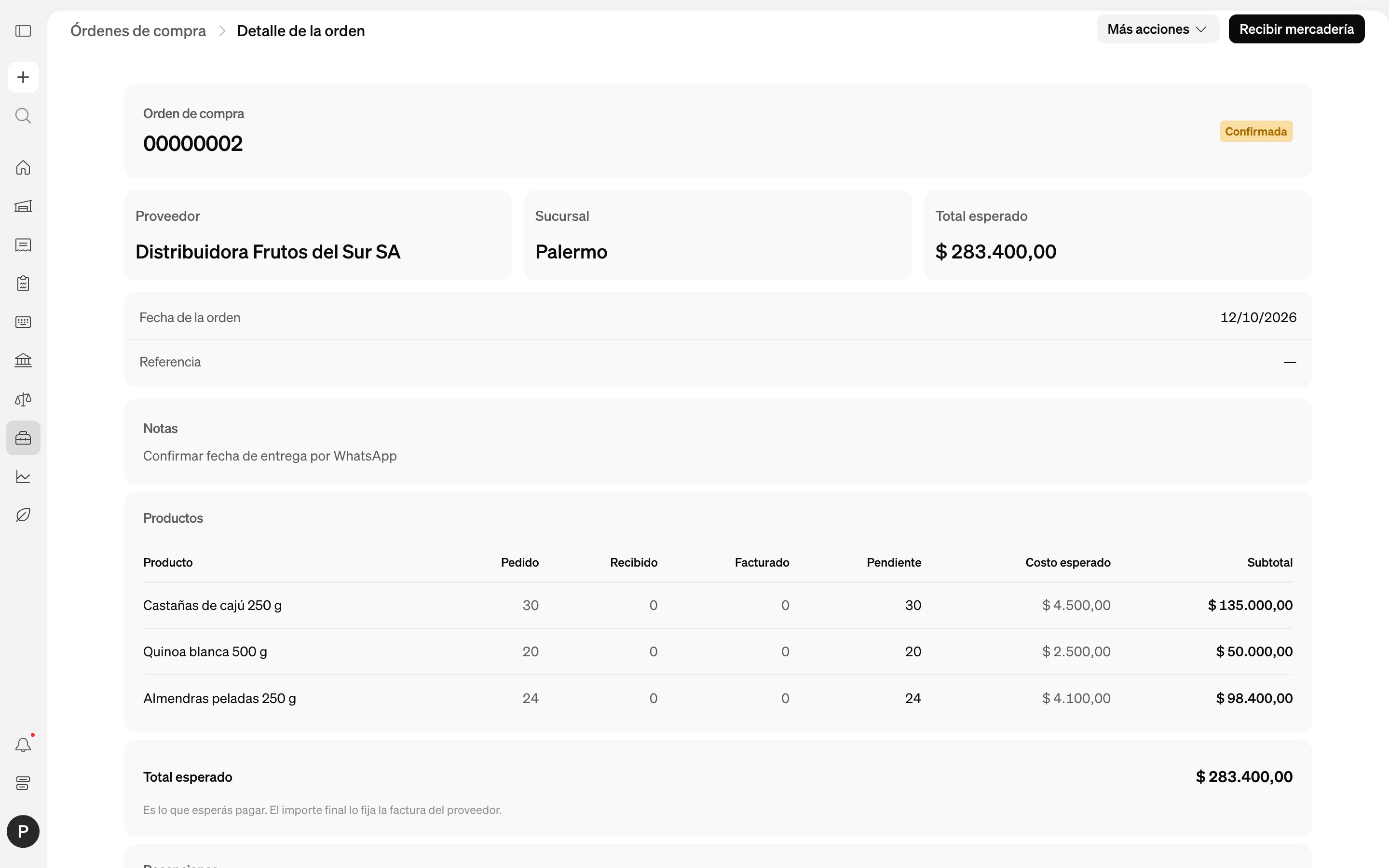 Órdenes de compra a proveedores en Palar